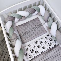   Deluxe Baby 3 részes babaágynemű garnitúra - takaró + párna + fonott rácsvédő - grafitszürke - pandák II.