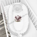 Deluxe Baby többfunkciós babafészek macipárnával, fekvőbetéttel - Minky szürke-fehér - vidám bébi elefánt