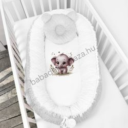   Deluxe Baby többfunkciós babafészek macipárnával, fekvőbetéttel - Minky szürke-fehér - vidám bébi elefánt
