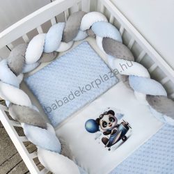   Deluxe Baby 3 részes babaágynemű garnitúra - takaró + párna + fonott rácsvédő - világoskék - repcsis panda