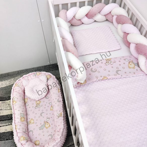 Deluxe Baby babaágynemű garnitúra babafészekkel - 5 részes - világos rózsaszín - cuki macik II.