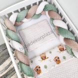 Deluxe Baby 3 részes babaágynemű garnitúra - takaró + párna + fonott rácsvédő - mogyoró - vidám baglyocskák