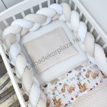 Deluxe Baby 3 részes babaágynemű garnitúra - takaró + párna + fonott rácsvédő - mogyoró - őzike és róka a virágos réten