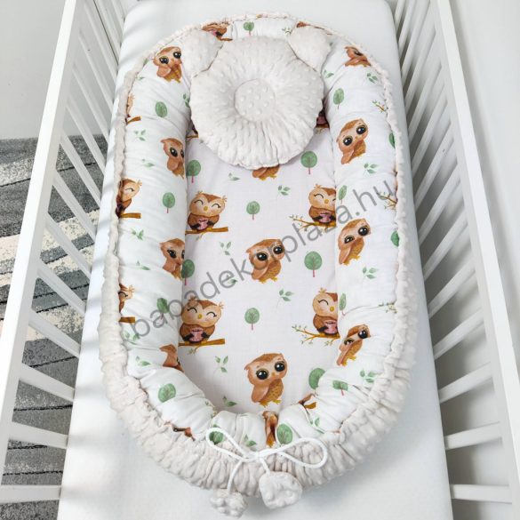 Deluxe Baby többfunkciós babafészek macipárnával - Minky mogyoró - vidám baglyocskák