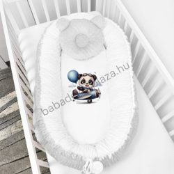   Deluxe Baby többfunkciós babafészek macipárnával, fekvőbetéttel - Minky szürke-fehér - repcsis panda