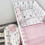Deluxe Baby babaágynemű garnitúra babafészekkel, Extra párnás rácsvédővel - mintás Minky - VÁLASZTHATÓ SZÍNBEN