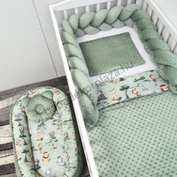   Deluxe Baby babaágynemű garnitúra babafészekkel - 5 részes - sötét zsályazöld - szafari kölykök II.