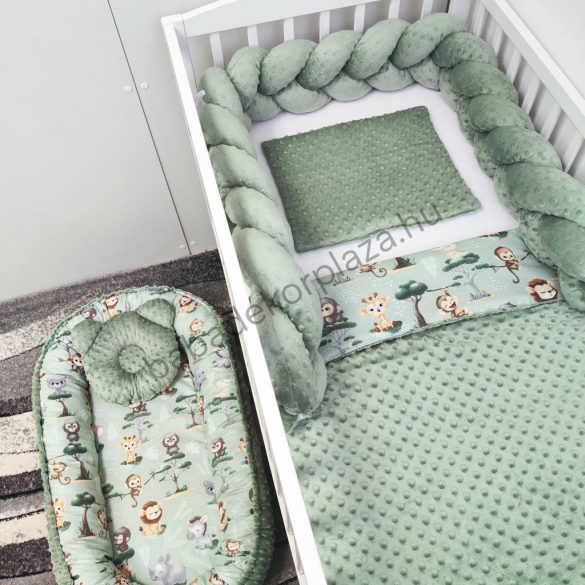 Deluxe Baby babaágynemű garnitúra babafészekkel - 5 részes - sötét zsályazöld - szafari kölykök II.