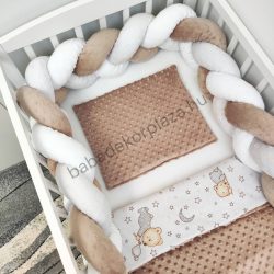   Deluxe Baby 3 részes babaágynemű garnitúra - takaró + párna + fonott rácsvédő - cappuccino - cuki macik