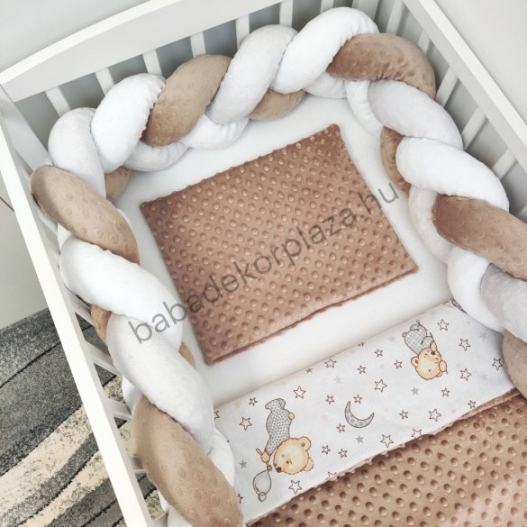 Deluxe Baby 3 részes babaágynemű garnitúra - takaró + párna + fonott rácsvédő - cappuccino - cuki macik