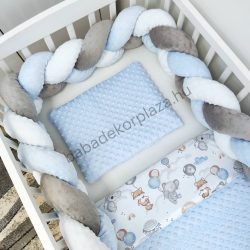   Deluxe Baby 3 részes babaágynemű garnitúra - takaró + párna + fonott rácsvédő - világoskék - léggömbös állatok