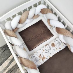   Deluxe Baby 3 részes babaágynemű garnitúra - takaró + párna + fonott rácsvédő - csoki - őzike és mosómedve