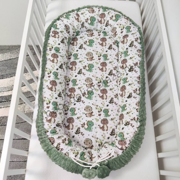 Deluxe Baby többfunkciós babafészek - Minky sötét zsályazöld - bébi dínók