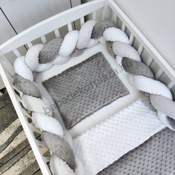 Deluxe Baby 3 részes Minky babaágynemű garnitúra - takaró + párna + fonott rácsvédő - grafit - szürke - fehér