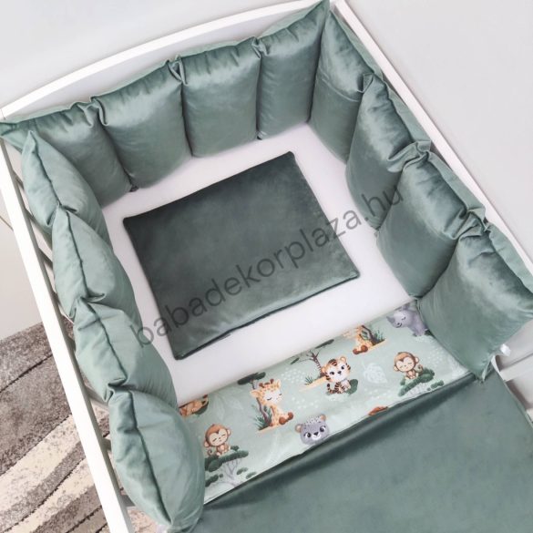 Deluxe Baby babaágynemű garnitúra Extra párnás rácsvédővel - zöld bársony - szafari kölykök