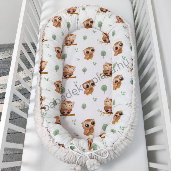 Deluxe Baby többfunkciós babafészek - Minky mogyoró - vidám baglyocskák