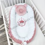 Deluxe Baby többfunkciós babafészek macipárnával, fekvőbetéttel - Minky mályvarózsa-fehér - Little Princess
