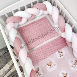   Deluxe Baby 3 részes babaágynemű garnitúra - takaró + párna + fonott rácsvédő - mályvarózsa - édes mackók