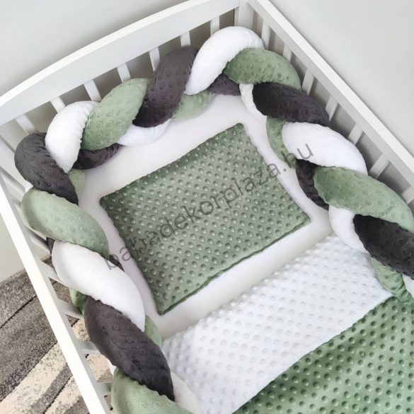 Deluxe Baby 3 részes Minky babaágynemű garnitúra - takaró + párna + fonott rácsvédő - sötét zsályazöld - fehér - antracit