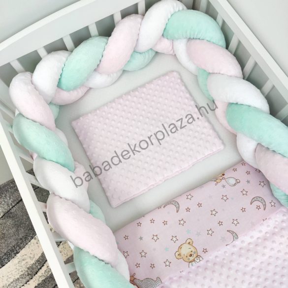 Deluxe Baby 3 részes babaágynemű garnitúra - takaró + párna + fonott rácsvédő - világos rózsaszín - cuki macik III.