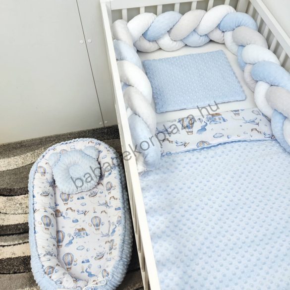 Deluxe Baby babaágynemű garnitúra babafészekkel - 5 részes - világoskék - hőlégballonok