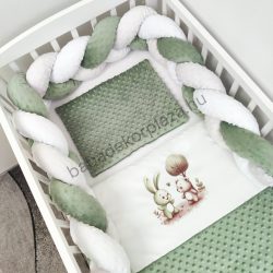   Deluxe Baby 3 részes babaágynemű garnitúra - takaró + párna + fonott rácsvédő - sötét zsályazöld - nyuszika és macika