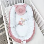 Deluxe Baby többfunkciós babafészek macipárnával, fekvőbetéttel - Minky mályvarózsa-fehér - hattyú