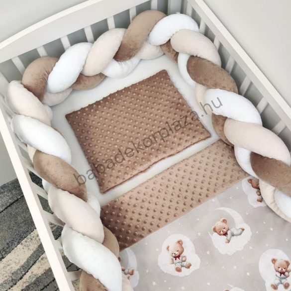 Deluxe Baby 3 részes babaágynemű garnitúra - takaró + párna + fonott rácsvédő - cappuccino - édes mackók
