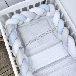   Deluxe Baby 3 részes Minky babaágynemű garnitúra - takaró + párna + fonott rácsvédő - szürke - fehér - világoskék