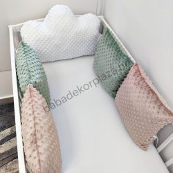   Deluxe Baby Minky párnás rácsvédő felhőpárnával, 5 db-os - tricolor (fehér - sötét zsályazöld - cappuccino)