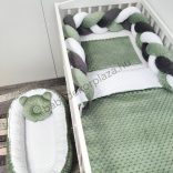 Deluxe Baby Minky babaágynemű garnitúra babafészekkel - 5 részes - sötét zsályazöld - fehér - antracit