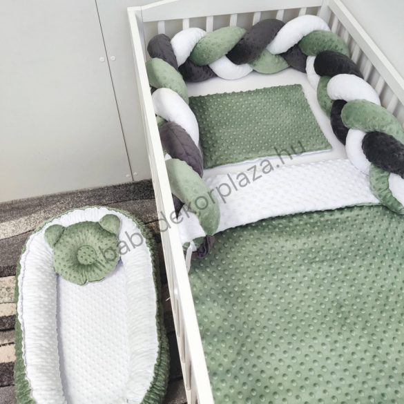 Deluxe Baby Minky babaágynemű garnitúra babafészekkel - 5 részes - sötét zsályazöld - fehér - antracit