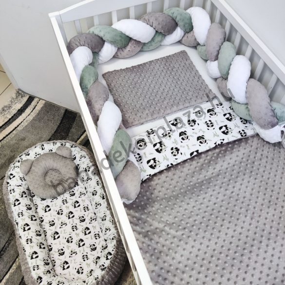 Deluxe Baby babaágynemű garnitúra babafészekkel - 5 részes - grafitszürke - pandák II.