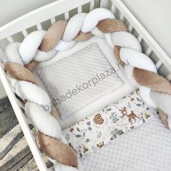   Deluxe Baby 3 részes babaágynemű garnitúra - takaró + párna + fonott rácsvédő - Szürke - őzike és mosómedve