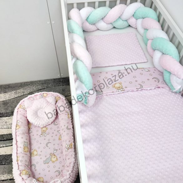 Deluxe Baby babaágynemű garnitúra babafészekkel - 5 részes - világos rózsaszín - cuki macik III.