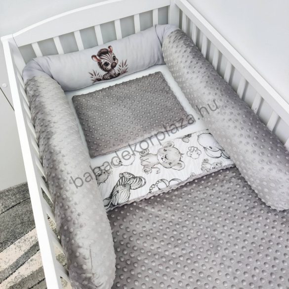 Deluxe Baby babaágynemű garnitúra hengerpárnás rácsvédővel - grafitszürke - bébi szafari zebra