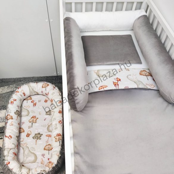 Babaágynemű garnitúra babafészekkel, hengerpárnával - 4 részes - Elefánt és barátai (Limitált széria)