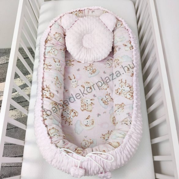 Deluxe Baby többfunkciós babafészek macipárnával - Minky világos rózsaszín - rózsaszín bébi erdei állatok
