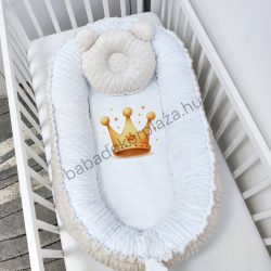   Deluxe Baby többfunkciós babafészek macipárnával, fekvőbetéttel - Minky mogyoró-fehér - korona