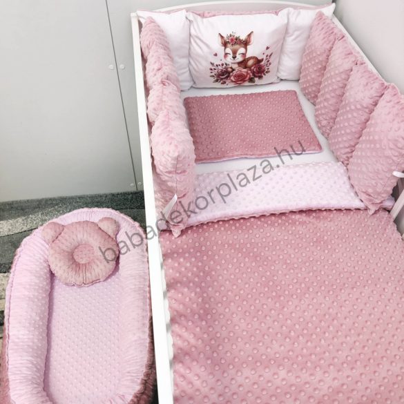 Deluxe Baby Minky babaágynemű garnitúra babafészekkel, Extra párnás rácsvédővel - Dreamland Collection - mályvarózsa őzike virágokkal