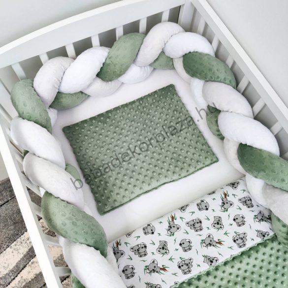 Deluxe Baby 3 részes babaágynemű garnitúra - takaró + párna + fonott rácsvédő - sötét zsályazöld - koalák II.