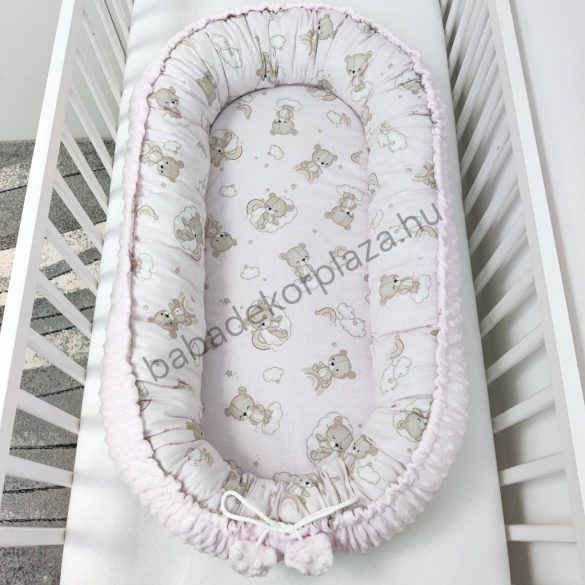 Deluxe Baby többfunkciós babafészek - Minky világos rózsaszín - felhőn alvó macikák
