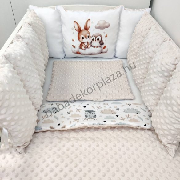 Deluxe Baby babaágynemű garnitúra Extra párnás rácsvédővel - Dreamland Collection - mogyoró nyuszi és bagoly