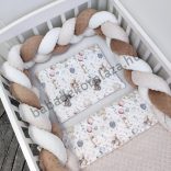 Deluxe Baby 3 részes babaágynemű garnitúra - takaró + párna + fonott rácsvédő - mogyoró - elefántok léggömbökkel