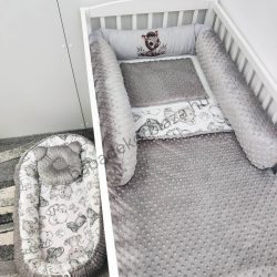   Deluxe Baby babaágynemű garnitúra babafészekkel, hengerpárnás rácsvédővel - grafitszürke - bébi szafari zebra