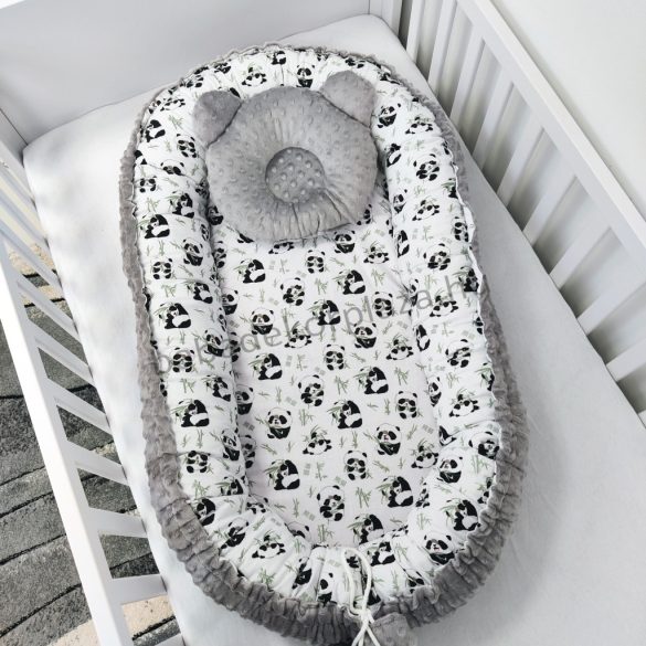 Deluxe Baby többfunkciós babafészek macipárnával - Minky grafitszürke - pandák