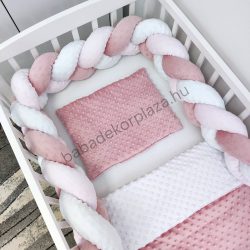   Deluxe Baby 3 részes Minky babaágynemű garnitúra - takaró + párna + fonott rácsvédő - mályvarózsa - fehér - világos rózsaszín