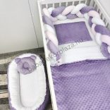 Deluxe Baby Minky babaágynemű garnitúra babafészekkel - 5 részes - orgona - fehér - világos rózsaszín