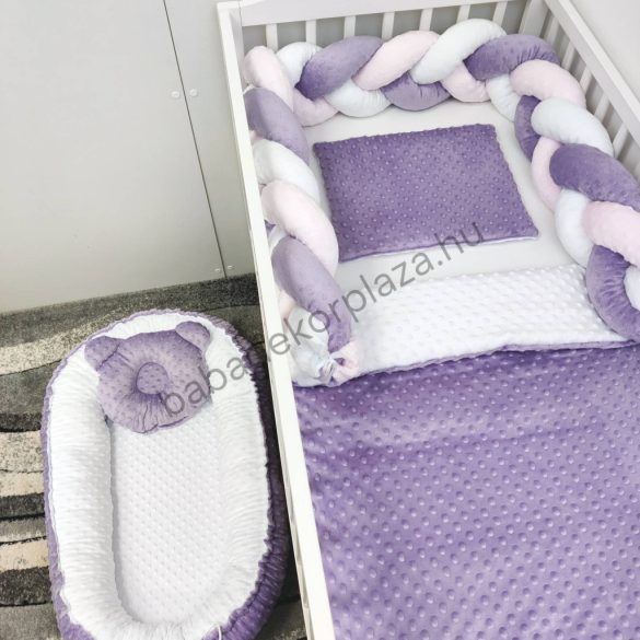 Deluxe Baby Minky babaágynemű garnitúra babafészekkel - 5 részes - orgona - fehér - világos rózsaszín