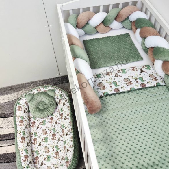 Deluxe Baby babaágynemű garnitúra babafészekkel - 5 részes - sötét zsályazöld - bébi dínók I.